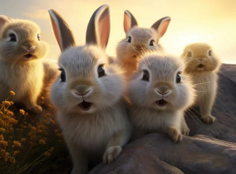 Several rabbits take a group selfie. Everyone is looking at the camera