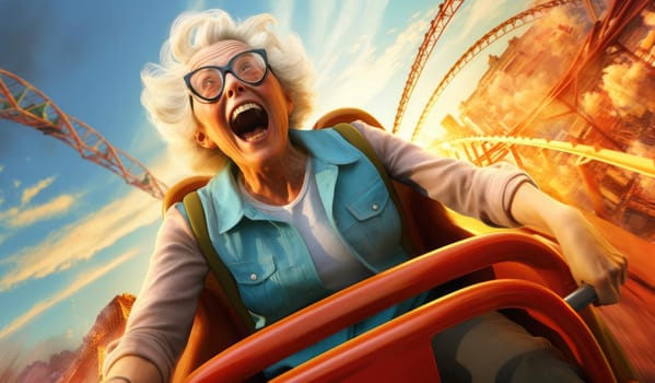 Joyful elderly woman rides in an amusement park. Expressive emotions