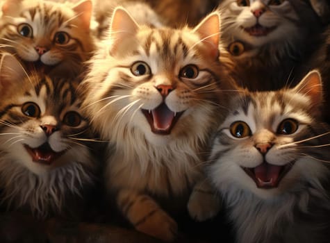 Several cats take a group selfie. Everyone is looking at the camera