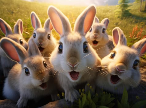 Several rabbits take a group selfie. Everyone is looking at the camera