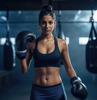 Young beautiful woman posing with boxing gloves. Sport