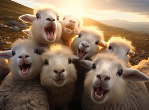 Several sheep take a group selfie. Everyone is looking at the camera