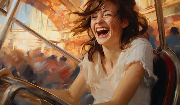 Young woman relaxing in an amusement park. Expressive emotions
