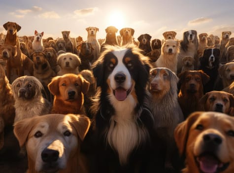 Several dogs take a group selfie. Everyone is looking at the camera