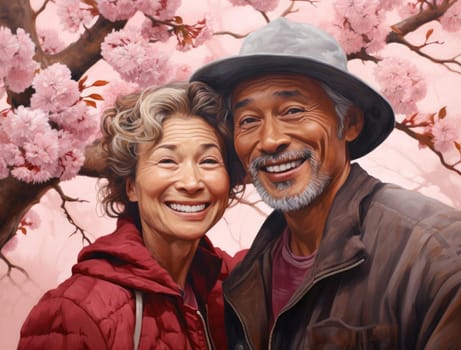 Elderly Japanese couple on the background of cherry blossoms