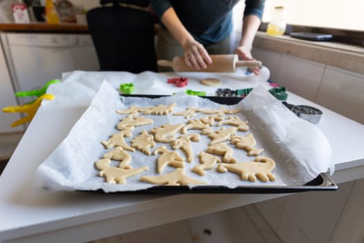 Raw dough in the shape of dinosaurs on baking paper. Mid shot