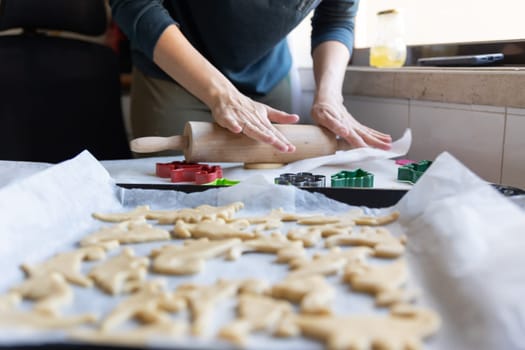 A woman making cookies in the shape of dinosaurs. Mid shot