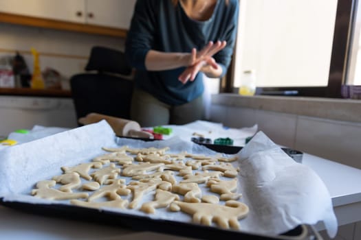 A woman making cookies in the shape of dinosaurs. Mid shot