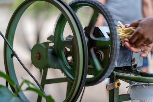Expert hands operate an old sugarcane juicer, extracting juice for an awaiting tourist.