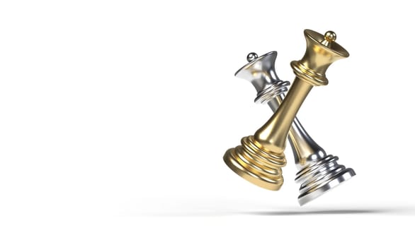 chess queens on white background with copy space. gold and silver chess pieces. 3d illustration