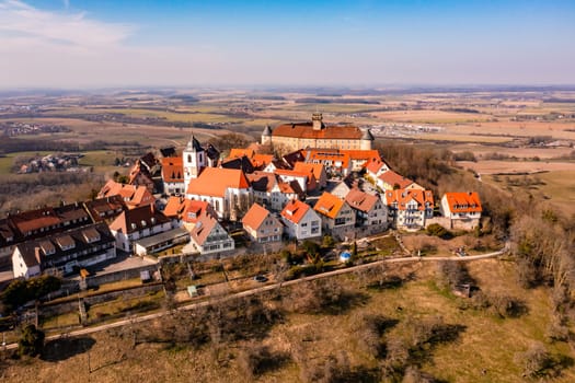 The historic Waldenburg with church and castle above the Hohenloher Land from the air, Germany