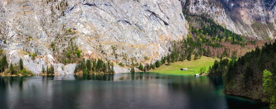 Panorama of mountain lake Obersee in German Alps. Bavaria, Germany