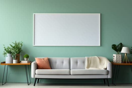 Photo frame on wall with sofa and living room setting. High quality photo