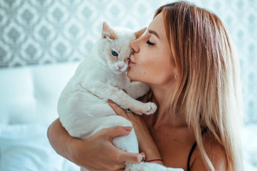 the girl wears erotic lingerie and touches the cat. fluffy and soft. feeling of playfulness. for cat lovers. home body care concept. cat and girl. sensual woman in lingerie. sexy woman with home kitten close-up .