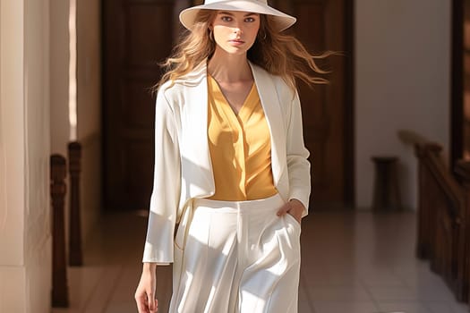 A beautiful girl in a snow-white trouser suit, a yellow blouse and a white hat walks around the city. High quality photo