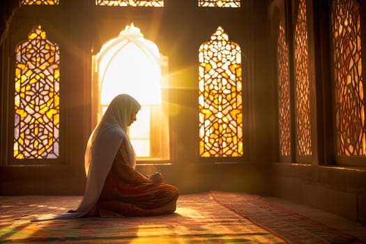 A Muslim woman prays in a mosque. High quality photo