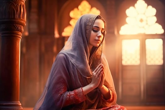 A Muslim woman prays in a mosque. High quality photo