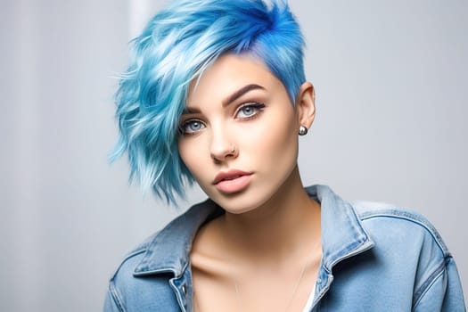 Short haired girl with blue hair. High quality photo