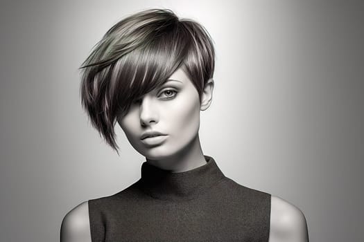 Black and white portrait of a beautiful girl with a stylish haircut. Conceptual examples of haircuts from the catalog. High quality photo