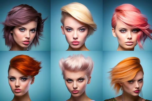 Portrait of a beautiful girl with multi-colored hair. Conceptual examples of haircuts from the catalog. High quality photo