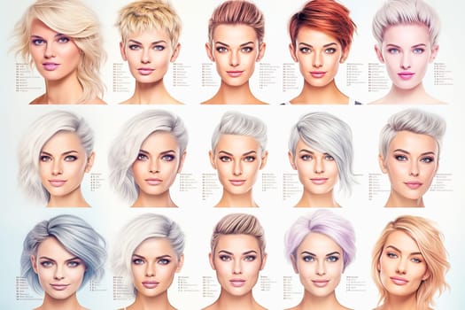 Catalog with examples of women's haircuts and coloring. High quality photo