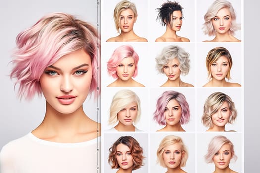 Catalog with examples of women's haircuts and coloring. High quality photo