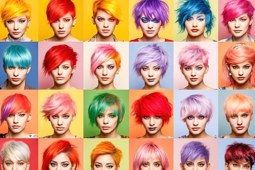 Catalog with examples of women's haircuts and coloring. High quality photo