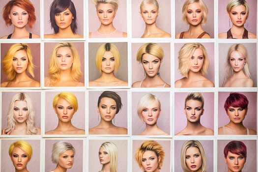 Catalog with examples of women's haircuts and coloring. High quality photo