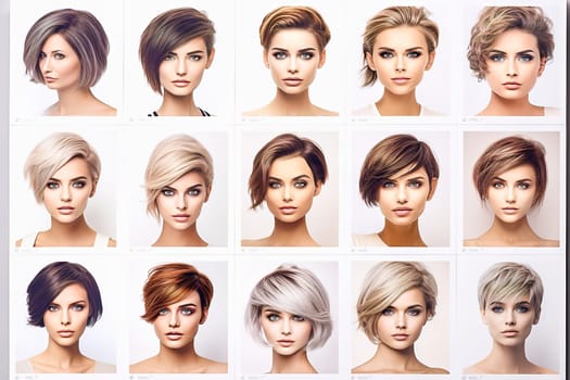 Catalog with examples of women's haircuts and coloring. High quality photo