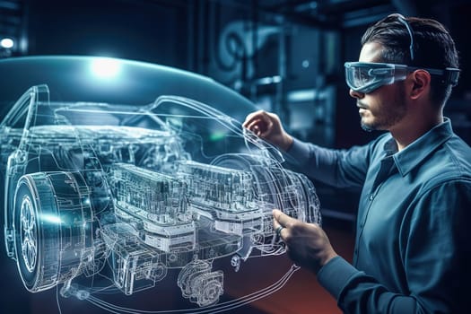 A male constructor creates a virtual model of a car in 3D glasses. High quality illustration