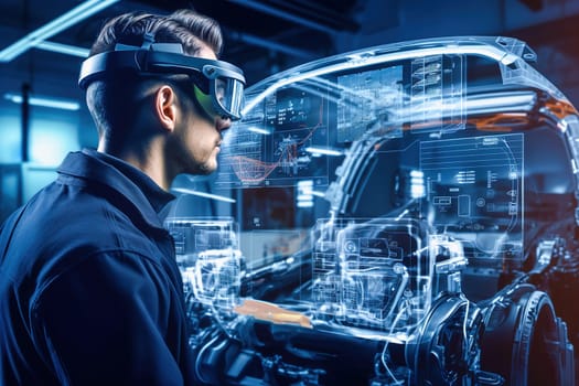 A male constructor creates a virtual model of a car in 3D glasses. High quality illustration