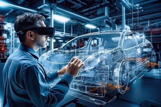 A male constructor creates a virtual model of a car in 3D glasses. High quality illustration