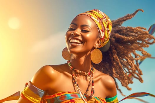 Happy African-American woman with dreadlocks in the sun. High quality photo