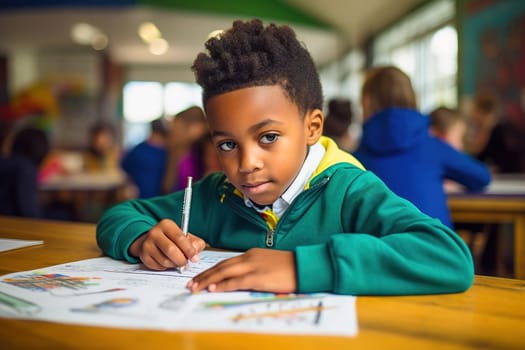 An African-American child writes in a notebook. Schooling. High quality photo