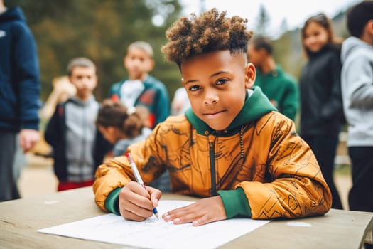 An African-American child writes in a notebook. Schooling. High quality photo