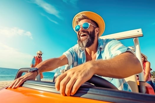 Happy man rides in a convertible. High quality photo