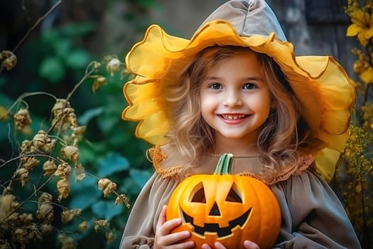 Little girl in a hat with pumpkins. Halloween holiday. High quality photo
