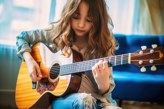 A teenage girl is learning to play the guitar. High quality photo