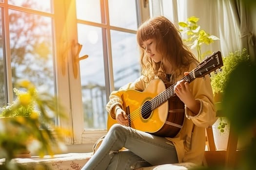 A teenage girl is learning to play the guitar. High quality photo