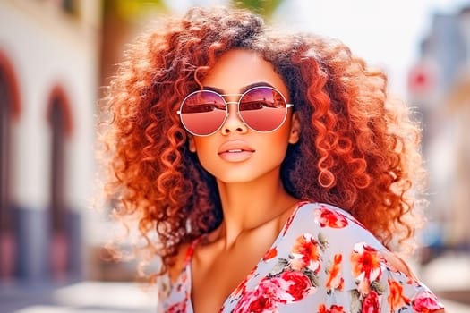 Portrait of a beautiful girl in sunglasses with lush red hair. High quality photo