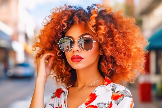 Portrait of a beautiful girl in sunglasses with lush red hair. High quality photo