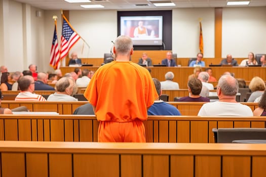 A convict in an orange suit speaks in the courtroom. High quality photo