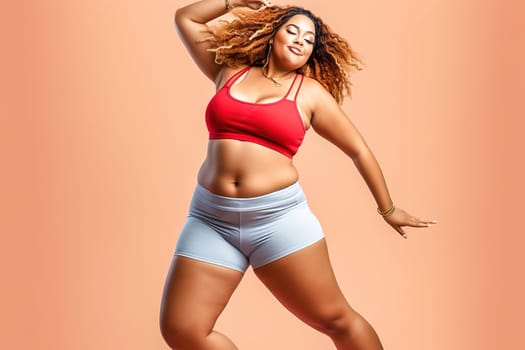Happy, fat woman dancing in sportswear. High quality photo