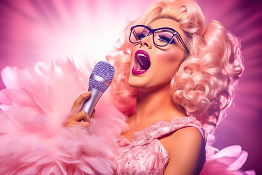 A blond woman in pink clothes sings into a microphone. Barbie style. High quality photo