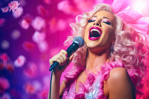 A blond woman in pink clothes sings into a microphone. Barbie style. High quality photo