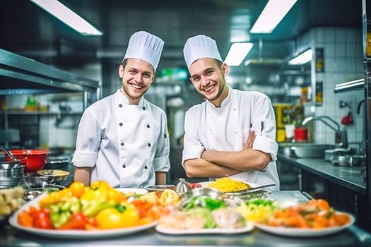Portrait of two chefs in the kitchen in a restaurant with plates of vegetables. High quality photo