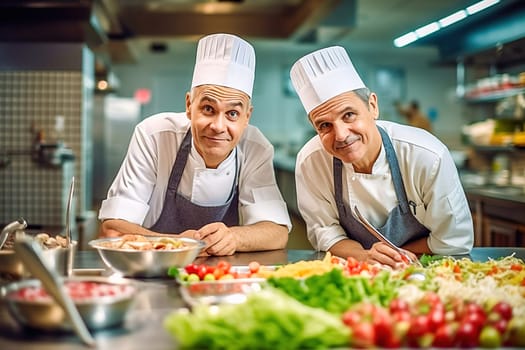 Portrait of two chefs in the kitchen in a restaurant with plates of vegetables. High quality photo