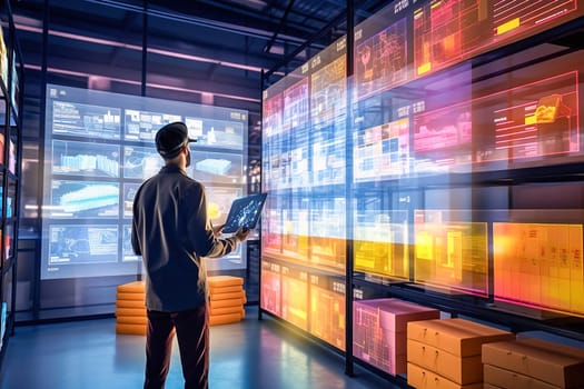 Futuristic technology worker taking inventory of a warehouse. High quality illustration