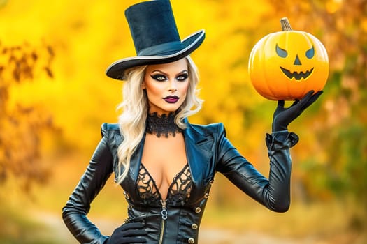 Woman in a black leather suit with a pumpkin on a yellow background. Halloween holiday concept. High quality photo