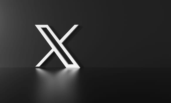 Madrid, Spain - August, 2023. New Twitter logo, Twitter x on black background. 3D rendering.